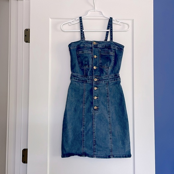 Blue jeans mini dress gold tone button front paneled a little stretch high waist - Picture 2 of 14